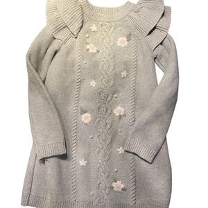Gray Knit Dress with Floral Embroidery
